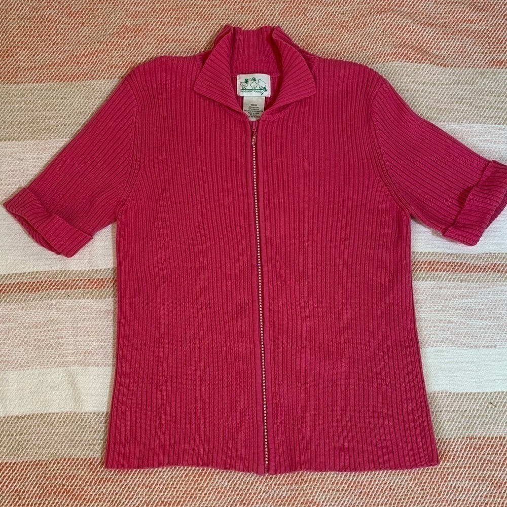 Vintage Quacker Factory Diamond Zipper Short Sleeve Cardigan Sweater Pink M